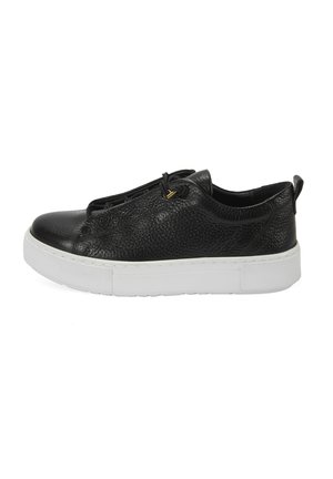 Schwarze Ledersneaker mit strukturiertem Obermaterial, runder Zehenpartie, elastischen Schnürsenkeln und weißer Gummisohle. Verfügt über goldene Akzente an den Schnürsenkeln.