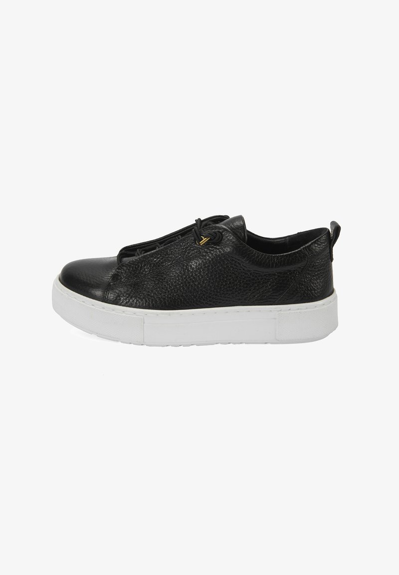 Schwarze Ledersneaker mit strukturiertem Obermaterial, runder Zehenpartie, elastischen Schnürsenkeln und weißer Gummisohle. Verfügt über goldene Akzente an den Schnürsenkeln.