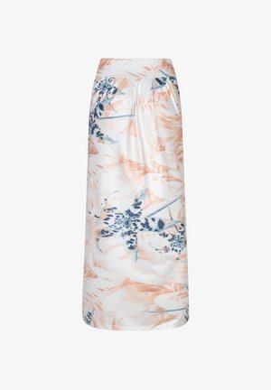 Suknja srednje duljine s cvjetnim uzorkom od laganog tkanja, u breskvastim i plavim tonovima, s elastičnim pojasom i ravnim krojem s diskretnim naborima.