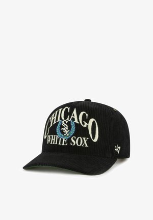 Black corduroy baseball cap with "CHICAGO WHITE SOX" embroidered in white. Features a blue and green laurel design. Minor branding on side.