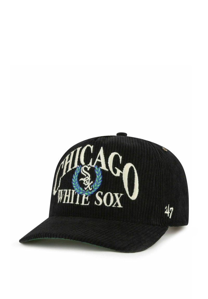 Black corduroy baseball cap with "CHICAGO WHITE SOX" embroidered in white. Features a blue and green laurel design. Minor branding on side.