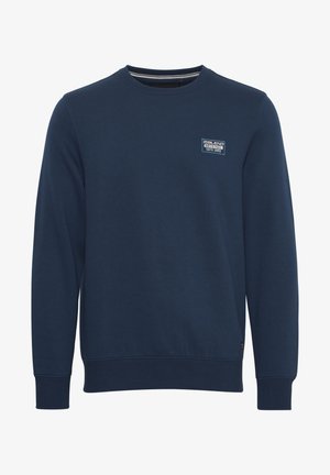 Sweatshirt blu navy realizzato in tessuto morbido, con scollatura rotonda, maniche lunghe, polsini a coste e una piccola etichetta di marca sul petto.