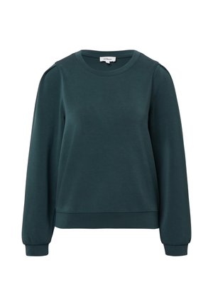 Donkergroene sweatshirt van zachte stof, met een ronde halslijn, lange mouwen met geribde manchetten en subtiele schouderdetails.