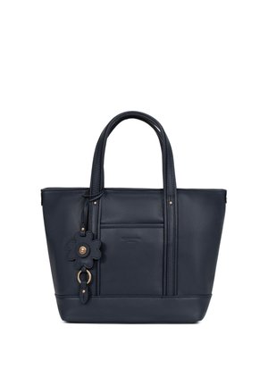 Borsa tote in pelle blu navy con doppi manici, tasca frontale e ciondolo decorativo a forma di fiore con dettagli in tonalità oro.