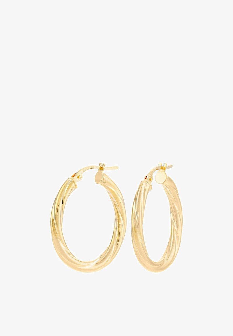 Gold-tone hoop earrings with a twisted design and a polished finish. Features a secure clasp closure. Circular shape with a smooth texture.