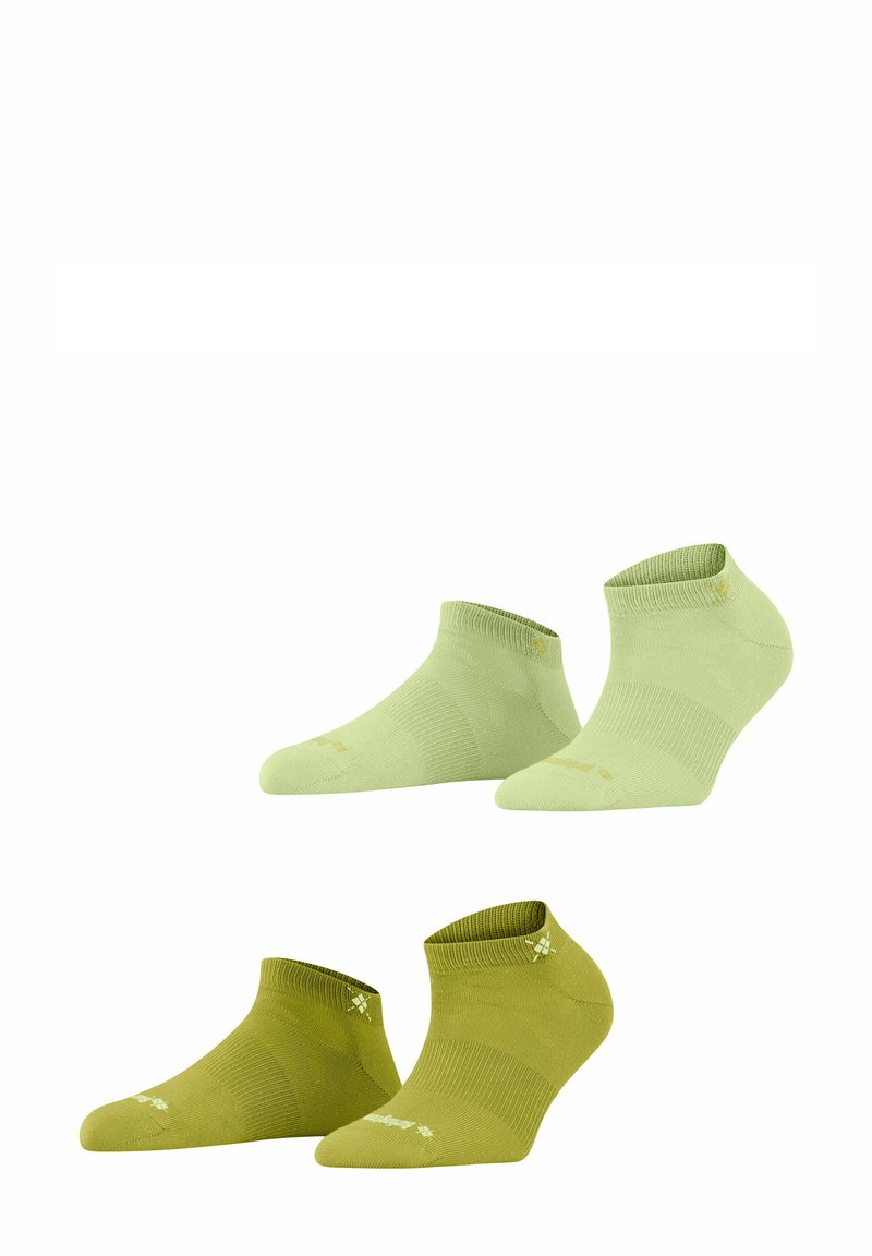 Dwie pary skarpetek kostkowych w jasnym zielonym i ciemnym oliwkowym, z prążkowanym mankietem, gładką teksturą i haftowanym logo.