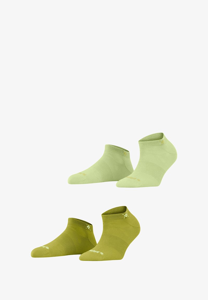 Dwie pary skarpetek kostkowych w jasnym zielonym i ciemnym oliwkowym, z prążkowanym mankietem, gładką teksturą i haftowanym logo.