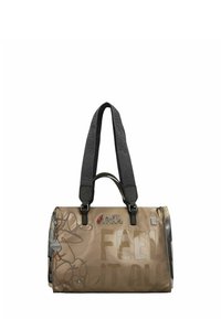 Duffelbag aus beigem Nylon mit glänzendem Finish. Verfügt über schwarze, gemusterte Träger, einen Reißverschluss oben und geprägten Schriftzug "FEEL IT ALL".