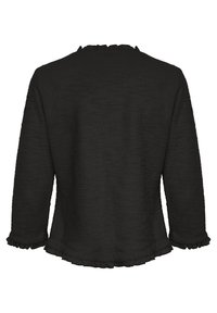 Top nero a maniche lunghe con tessuto strutturato, scollo e polsini arricciati, dalla silhouette rilassata e leggermente svasata.