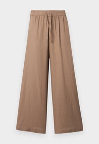 Pantalon marron à jambes larges en tissu léger, doté d'une taille élastique avec cordon de serrage, texture lisse et sans ornements.
