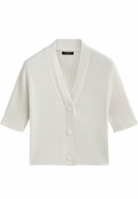 Kurzärmeliges, geripptes Strickjacke in Off-White, mit V-Ausschnitt, fünf Knöpfen auf der Vorderseite und einem kurzen Design.