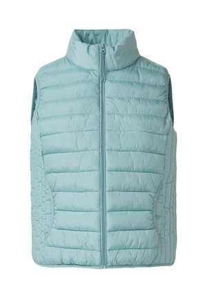 Gilet imbottito azzurro chiaro con collo alto, chiusura con zip e tasche laterali. Presenta un design trapuntato orizzontale e una texture morbida e liscia.