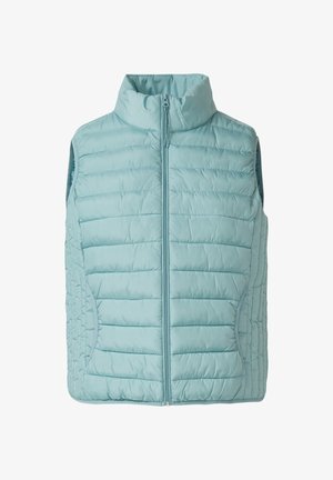 Hellblaue wattierte Weste mit hohem Kragen, Reißverschluss und Seitentaschen. Verfügt über ein horizontal gesteppetes Design und eine weiche, glatte Textur.