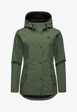 Green waterproof jacket with a hood, featuring snap buttons, side pockets, and a smooth texture. Accents include black hardware.