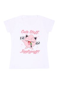 Hvid T-shirt med et pink Jigglypuff-tryk og musiknoter. Teksten lyder "Søde sager, Jigglypuff!" Blødt stof og klassisk pasform.