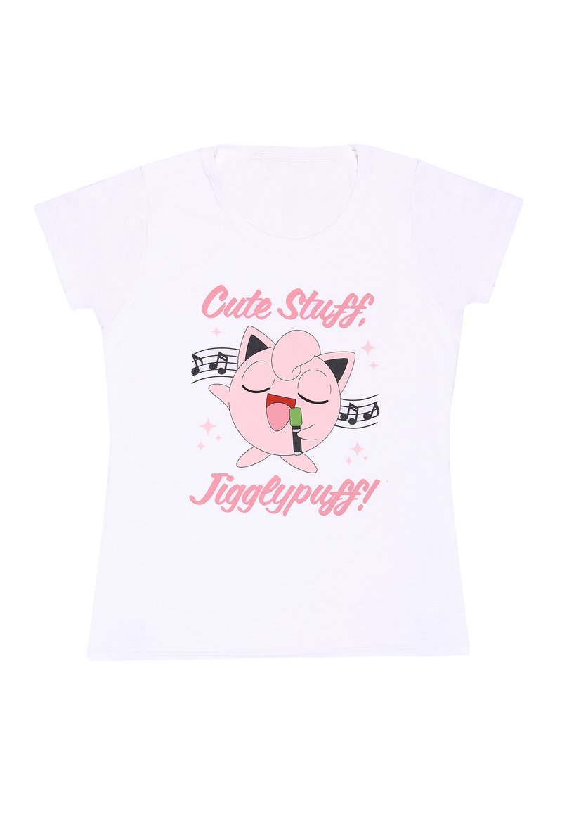 Hvid T-shirt med et pink Jigglypuff-tryk og musiknoter. Teksten lyder "Søde sager, Jigglypuff!" Blødt stof og klassisk pasform.