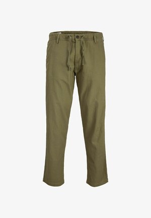 Olive green lightweight pants with an elastic waistband, front button, and drawstring. Features side seams and straight, relaxed fit.