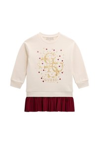 Felpa rosa chiaro con maniche lunghe, applicazioni di cuori e stelle dorate e rosa, e una balza arricciata bordeaux nella parte inferiore.