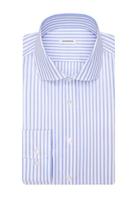 Chemise à rayures verticales bleu clair et blanche avec des poignets à bouton, un col écarté et une étiquette de marque à l'intérieur du col.