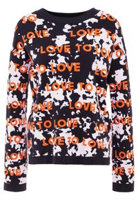 Pull noir et blanc avec un motif abstrait et un texte orange vif "LOVE TO LOVE" partout. Manches longues et col rond.
