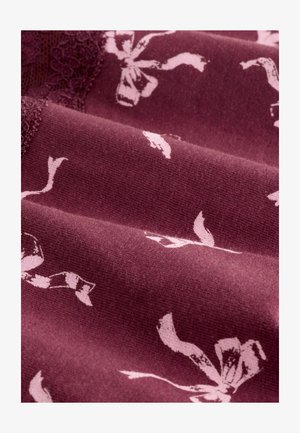 Burgundy fabric with a soft texture, featuring a light pink floral pattern and lace accents on one edge, creating a layered appearance.