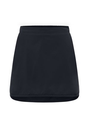 Jupe noire en A avec taille élastique, texture lisse et forme légèrement évasée. L'ourlet est incurvé pour un mouvement amélioré.