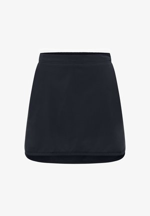 Schwarzer A-Linien-Rock mit elastischem Taillenbund, glatter Textur und leicht ausgestellt Form. Der Saum ist abgerundet, um die Bewegungsfreiheit zu verbessern.