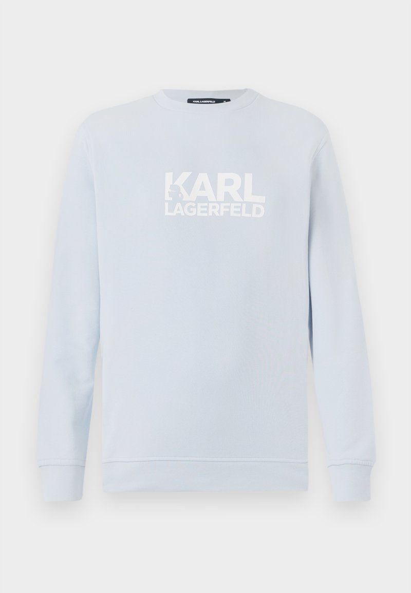 Sweatshirt bleu clair en mélange de coton, avec un col rond, des manches longues et un logo imprimé blanc "KARL LAGERFELD" sur le devant.