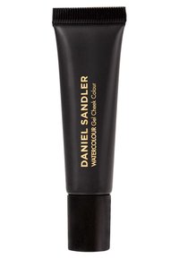 Schwarzer Tube mit gerippter Kappe, versehen mit goldener Schrift, die "DANIEL SANDLER WATERCOLOUR Gel Cheek Colour" liest. Glatte, matte Oberfläche.