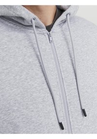 Gros plan d'une personne portant un sweat à capuche zippé gris clair avec des cordons visibles et un t-shirt noir en dessous.