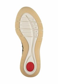 La suola della scarpa presenta un'ampia intersuola bianca flessibile con un rivestimento esterno in gomma traslucida. Accento circolare rosso con l'etichetta "Comfort". Pattern di tasselli testurizzati.