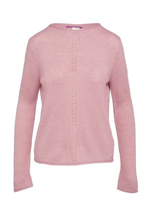 Lichtroze gebreide trui met een ronde halslijn, lange mouwen en een centrale, gestructureerde verticale streep. Zachte stof met een gladde textuur.