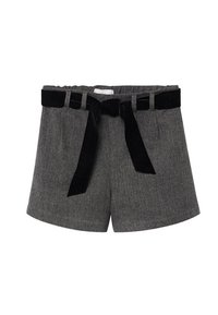Šortky v šedém houndstooth vzoru s černým sametovým pásem. Mají vysoký pas a nařasený elastický pás pro větší pohodlí.