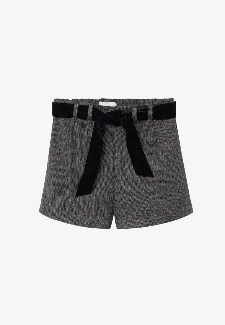 Shorts i houndstooth-mönster i grått med ett bälte i svart sammet. Har hög midja och en rynkad elastisk midja för ökad komfort.