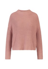 Pink knitted sweater with a high neckline, loose fit, and ribbed texture. Features long sleeves and a cropped hem.