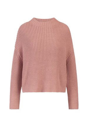 Suéter de punto rosa con un cuello alto, corte holgado y textura acanalada. Presenta mangas largas y un dobladillo corto.