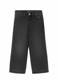 Pantalones de denim negro con un diseño de pierna recta, que cuentan con bolsillos frontales, cierre de botón y costuras visibles a lo largo de las costuras.
