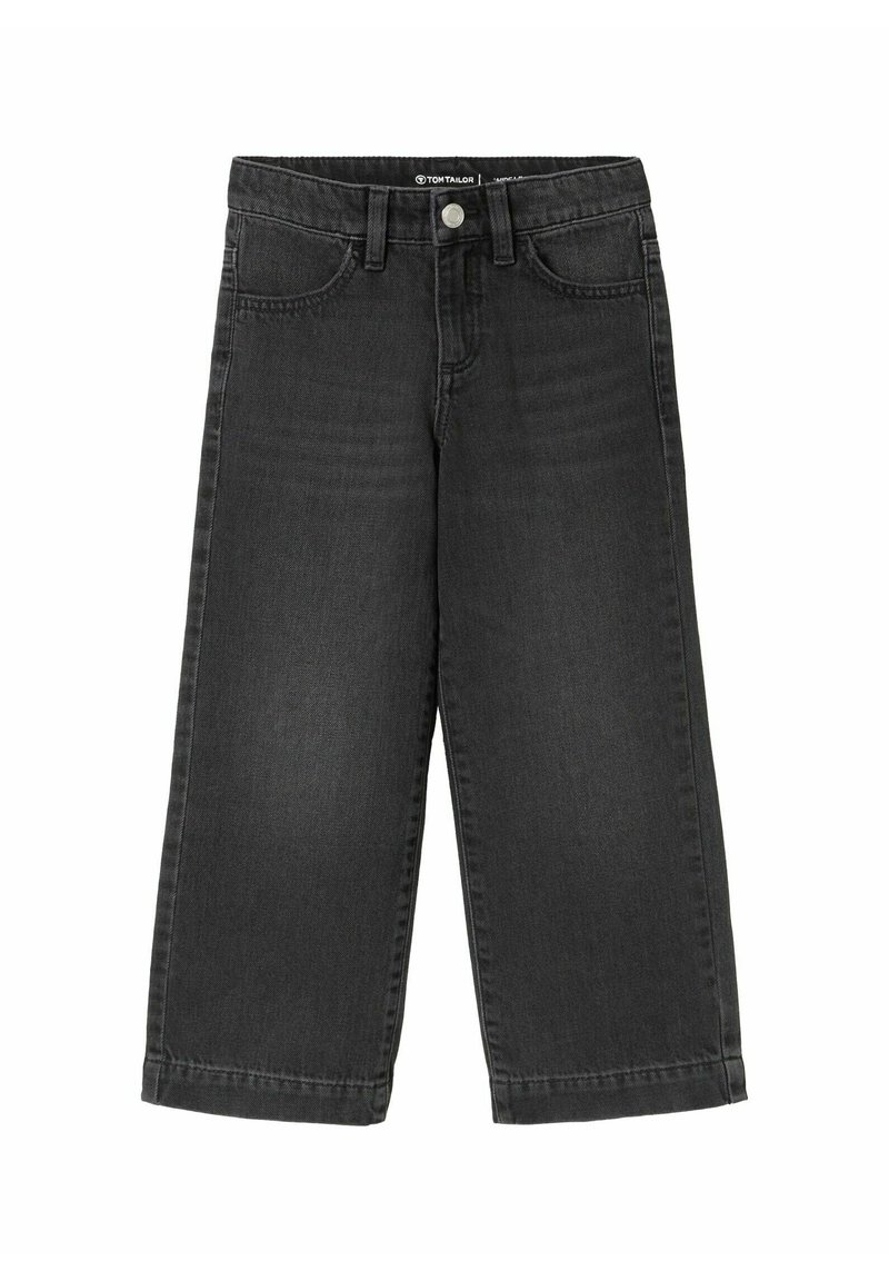 Pantalones de denim negro con un diseño de pierna recta, que cuentan con bolsillos frontales, cierre de botón y costuras visibles a lo largo de las costuras.
