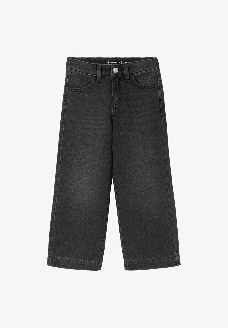 Črne denim hlače z ravnim krojem, z sprednjimi žepi, gumbom za zapiranje in vidnimi šivi ob šivih.