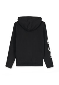 Zwarte hoodie met lange mouwen, met een gladde textuur en witte geometrische accenten op de linker mouw.