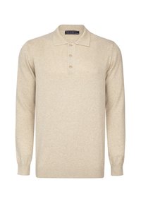 Hellbeige Langarm-Polo-Pullover aus weichem Material, mit einem kragenförmigen Ausschnitt, einer Knopfleiste mit drei Knöpfen und gerippten Bündchen.
