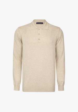 Licht beige langemouw polo trui gemaakt van zachte stof, met een gekleed kraag, drie-knopen sluiting en geribde manchetten.