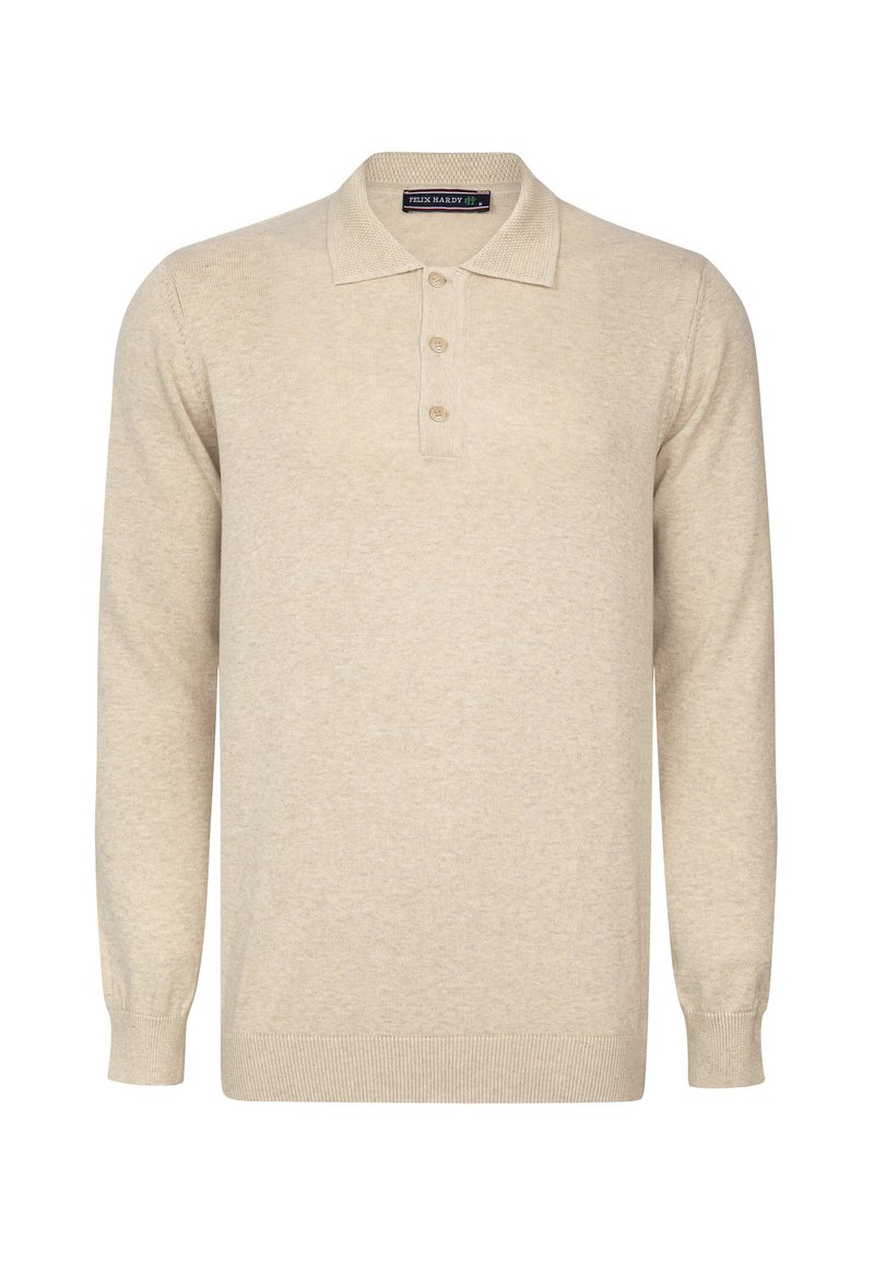 Hellbeige Langarm-Polo-Pullover aus weichem Material, mit einem kragenförmigen Ausschnitt, einer Knopfleiste mit drei Knöpfen und gerippten Bündchen.