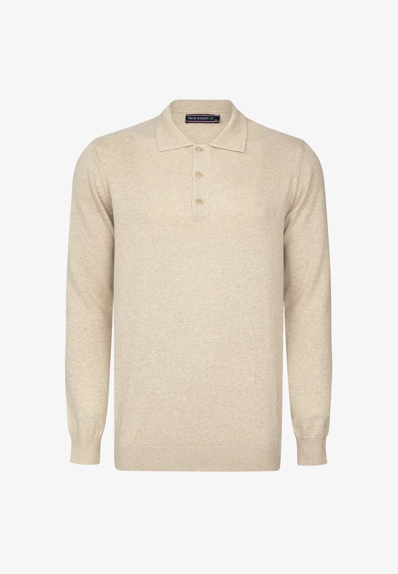 Hellbeige Langarm-Polo-Pullover aus weichem Material, mit einem kragenförmigen Ausschnitt, einer Knopfleiste mit drei Knöpfen und gerippten Bündchen.