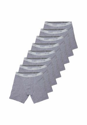 Sette boxer grigi da uomo con fasce in vita grigio chiaro etichettate "Sloggi" disposte in una pila sfalsata su uno sfondo bianco.