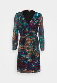 Multicolor wrap dress in pleated fabric, featuring a v-neckline, long sleeves, and a tie belt. Patterns include swirls of teal, purple, and brown.