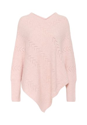 Heleda roosa kudum poncho V-kaelusega, millel on chevron- ja horisontaalsed mustrid, soonikkoes mansetid ning voolav, ebaühtlane hem.