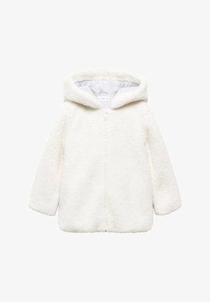Veste blanche à capuche, moelleuse, avec fermeture éclair. Caractérisée par une texture douce et une forme décontractée, conçue pour la chaleur et le confort.
