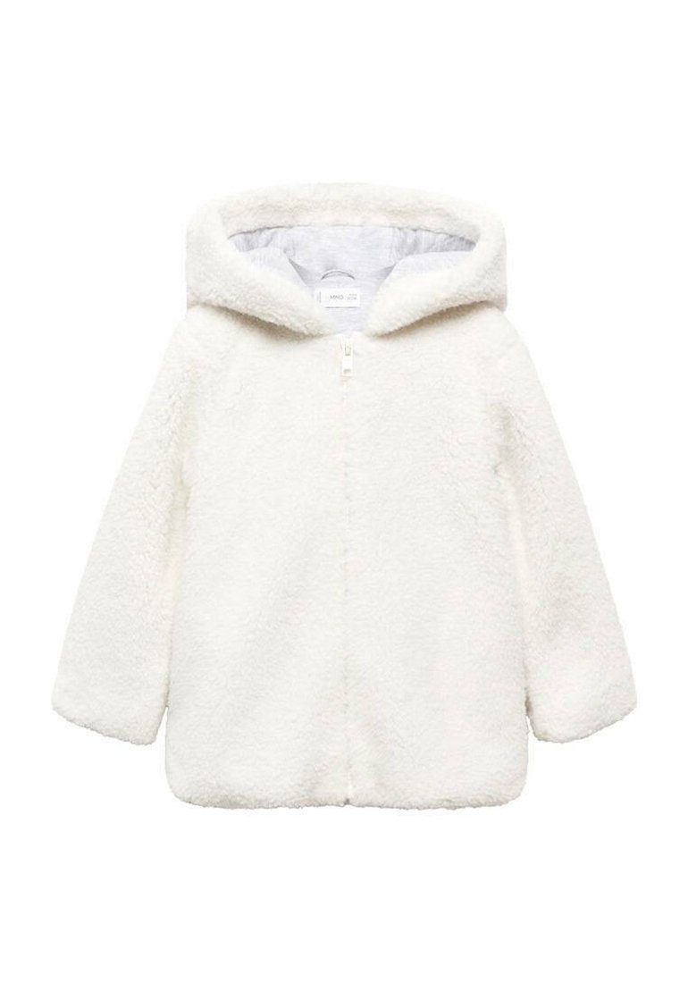 Vit, fluffig huva jacka med dragkedja. Har mjuk textur och en avslappnad form, designad för värme och komfort.