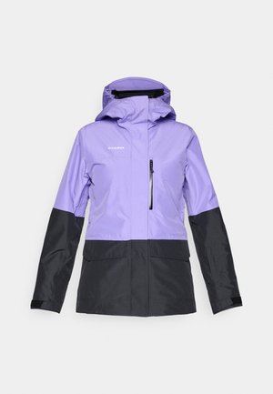 Purple and black waterproof jacket with a hood, two front pockets, and a zippered chest pocket; features adjustable cuffs and a sleek design.